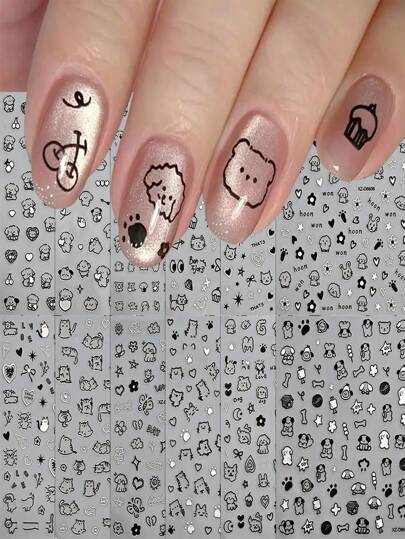 1 件黑猫狗卡通可爱美甲贴纸卡哇伊小狗涂鸦动物美甲贴花 DIY 线条小狗蝴蝶结设计贴花 DIY 线条小狗蝴蝶结设计贴花美甲装饰