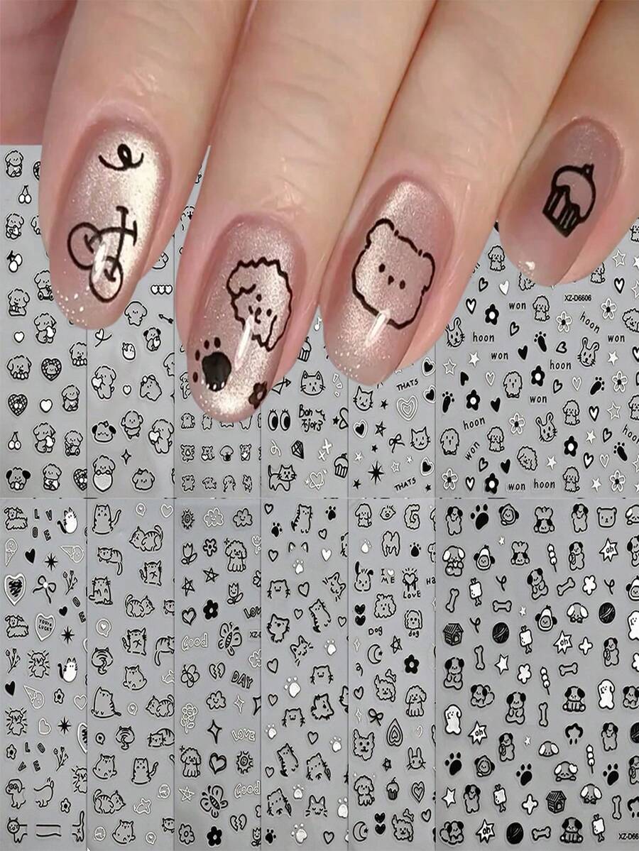 1 件黑猫狗卡通可爱美甲贴纸卡哇伊小狗涂鸦动物美甲贴花 DIY 线条小狗蝴蝶结设计贴花 DIY 线条小狗蝴蝶结设计贴花美甲装饰 - 彩色 - 查看 1