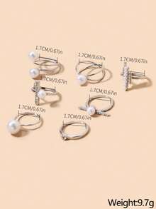 7pcs/Set Simple & Luxury Fashionable Faux Pearl & Rhinestone Open Ring Set For Women - Silver - View 4