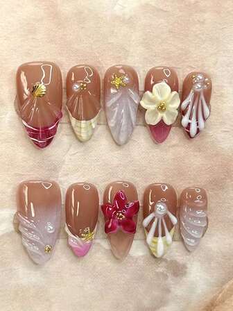 10 piezas Flores 3D realistas de color dopamina, con vibra fresca y veraniega, uñas postizas con diseño artístico, elegante y de estilo , con flores 3D dibujadas a mano, de uso duradero