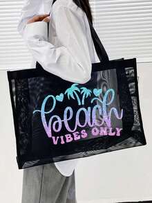 Set de 2 bolsas de red de gran capacidad, bolsa de playa con estampado degradado brillante de palmera, bolsa de playa de malla, bolsa de almacenamiento de cosméticos de malla, bolsa de playa plegable impermeable, bolsa de hombro de playa de malla con decoración de letras para mujer, bolsa de regalo personalizada, bolsa de cosméticos - Negro - Ver 6