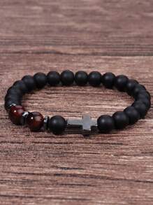 Men's Hematite Cross Bracelet: Matte Black Onyx And Tiger's Eye Powerful Protection Bracelet, Confidence, Courage Jewelry Unisex Gifts For Husband, Boyfriend, Dad