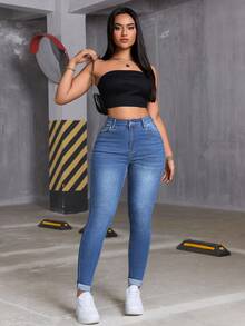 Autumn Casual Distressed Pocket Skinny Denim Jeans High Waist Roll Up Hem Skinny Jeans