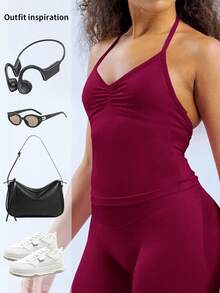 Yefecy 全新 Impact Sports 瑜伽背心 女士健身瑜伽上衣 健身房服装 运动露背紧身内置文胸罩杯上衣 - 酒紅色 - 查看 8