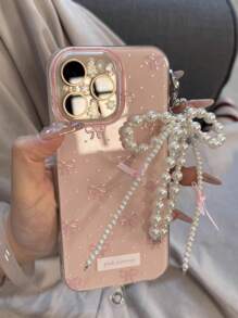 Cute Wave Point Pink Bow Pearl Pendant Phone Case Compatible With IPhone 16 15 14 13 12 11 Pro Max Jelly Cases Creative Shockproof Bumper Cover