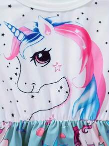 Girls' Fashion Cap Sleeve Dress, Unicorn Print Patchwork Dress, Cute Princess Dress For Girls, Summer