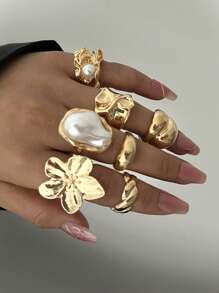 12/7/6/3pcs Set Oversized Textured Floral, Faux Pearl, Asymmetrical Shape, Minimalist Smooth Solid, Colorful Faux Gem, Heart Metal Chunky Rings, Fashion Elegant Vintage Chic Cute Retro Design, Suitable For Holiday, Party, Date, Gift, Daily Wear