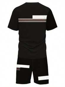Men's Casual Sports Set, Summer 3D Printed T-Shirt And Shorts, Breathable Mesh Fabric - Deep Black - View 3