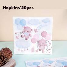 68/10/Set, Blue And Pink Teddy Bear Themed Party Supplies, Disposable Party Plates, Party Paper Plates. Includes 7-Inch Plates, 9-Inch Plates, Paper Cups, And Tissue Sets. Suitable For 16 People, Picnic Supplies, Birthday Parties, Camping, Decoration, And Celebration Events. Party Gifts, Bridal Showers, Cartoon Animals, Cute, Blue, Pink, Bear - Multicolor - View 9