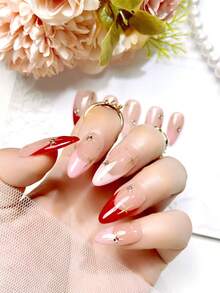 10 件手工按压指甲套装杏仁透明银色波点闪亮闪光彩虹奢华水钻装饰优雅简约复古日式现代韩式清新设计别致法式中性古典创意光泽饰面闪亮指甲用品指甲 - 紅色 - 查看 5