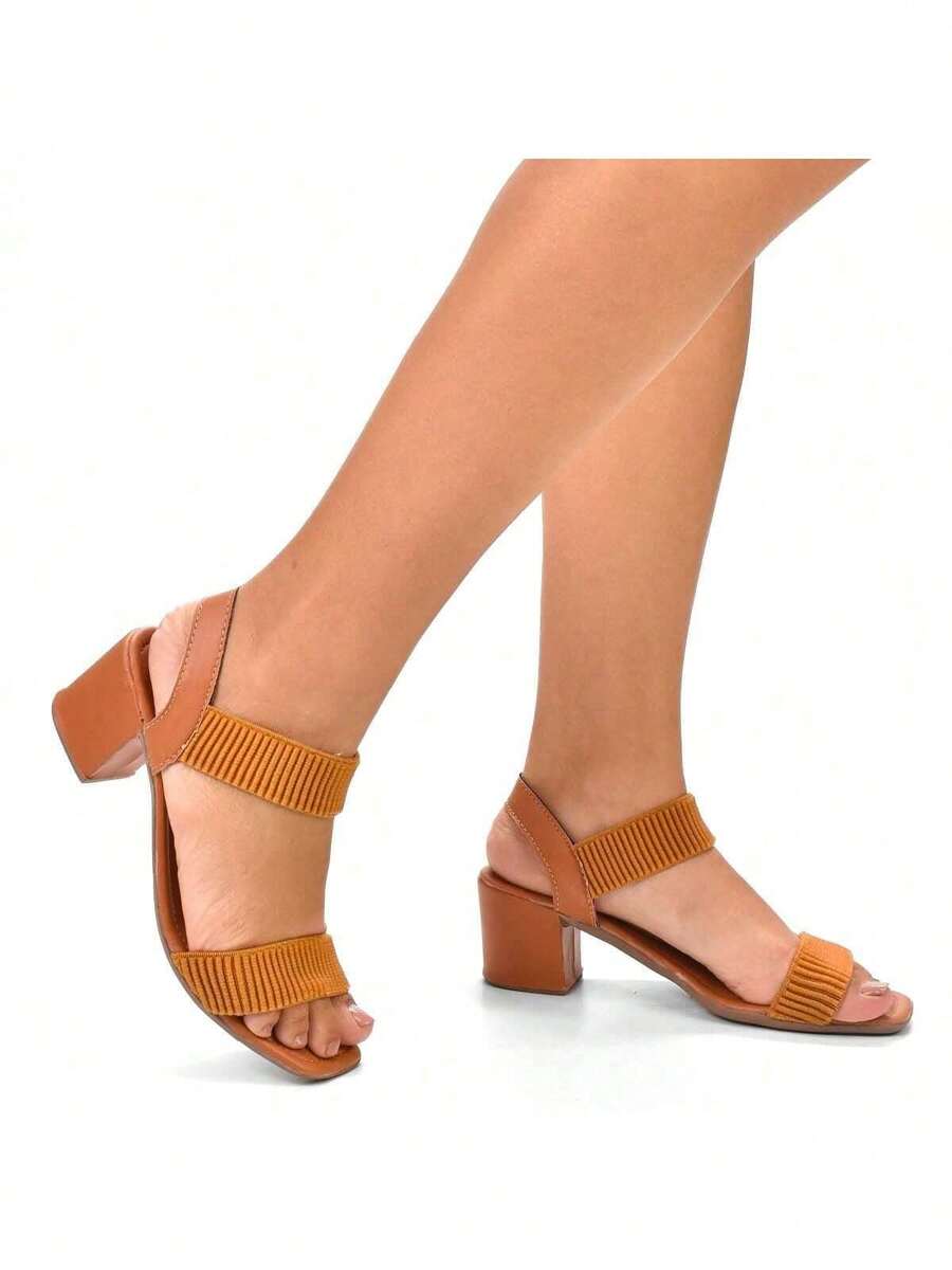 Women's Casual Sandals Thick Heel 5CM Elastic Straps Easy Fit Female Fashion - 駝色 - 查看 1