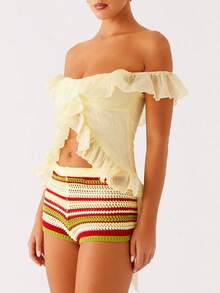 Women Y2k Frill Trim Off Shoulder Tank Top Low Cut Sleeveless Irregular Ruffle Tassel Cami Shirt Going Out Crop Top - 黃色 - 查看 3