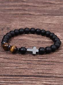 Men's Hematite Cross Bracelet: Matte Black Onyx And Tiger's Eye Powerful Protection Bracelet, Confidence, Courage Jewelry Unisex Gifts For Husband, Boyfriend, Dad