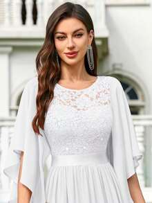 MIUSOL Đầm maxi dự tiệc trang trọng, thanh lịch, chất liệu chiffon, đính sequin và ren hoa, tay áo cánh bướm, thích hợp cho ngày Valentine, đám cưới, màu trắng mùa xuân. - trắng - Xem 9