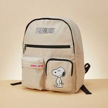 Miniso Snoopy Series Multi-Pocket Nylon Backpack High School Students School Bag Brand Unisex Shoulder Bag - Beige - View 2