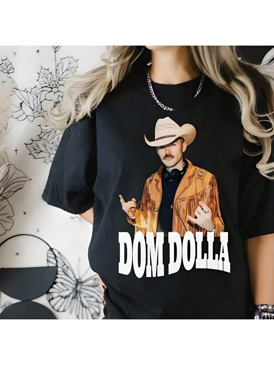 Dom Dolla - Themed Graphic Tee ,Casual Print,Comfortable And Versatile,Letter Pattern Pure Cotton 220g Printed T-Shirt,Unisex Style - màu đen - Xem 1