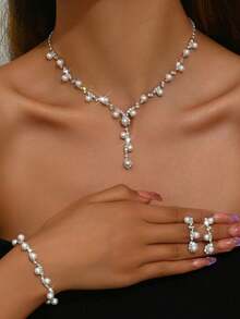 4pcs Set Elegant Crystal & Faux Pearl Decorated Women Jewelry Set - Includes Necklace, Earrings, Bracelet, Suitable For Bride, Wedding, Party - White - View 7