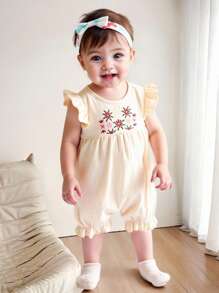 MommBaby Mono de una pieza con manga corta, volantes y bordado floral, lindo y casual para bebés niñas