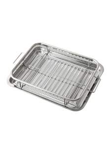 1pc/2pcs 304 Stainless Steel Double-Ear Roasting Net Basket, 13-Inch Stainless Steel Wave Bottom Roasting Pan, Reusable Rectangular Mesh Basket For Frying, Grilling, Kitchen Filter, Outdoor Camping BBQ, Home Oven Baking Tools, Kitchen Accessories