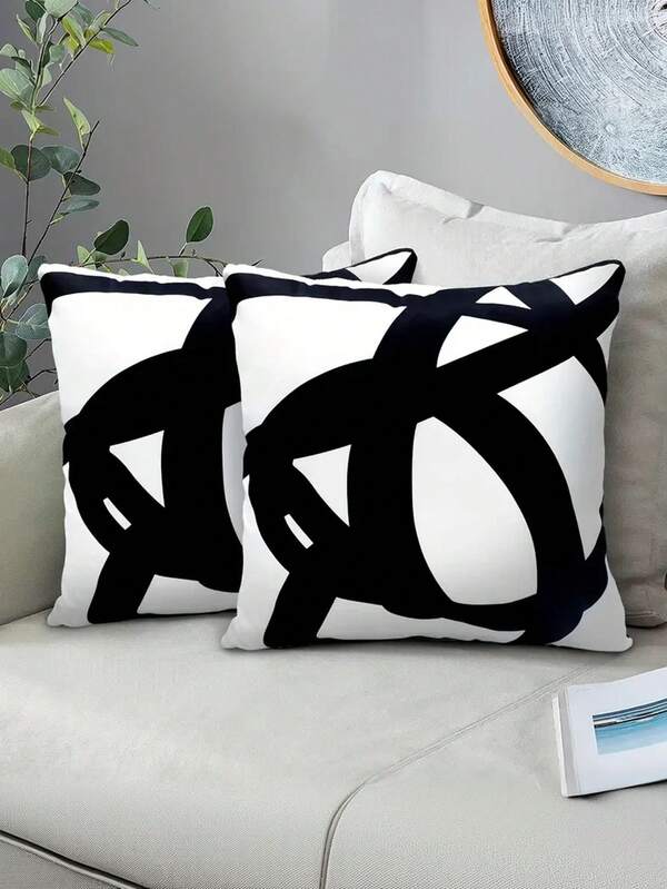 1/2/4pcs Abstract Geometric Black & White Throw Pillows - Contemporary Style, Hand Wash Only Polyester, Multiple Sizes For Sofa, Bed, Indoor & Outdoor Decor, Throw Pillows For Couch, Sofa Accessories, Smooth Texture Fabric,Fall Decor,Autumn Decor,Room Decor