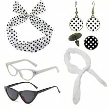 D EXCEED 6PCS Vintage 1950s Women's Accessory Collection | Retro-Inspired Prop Cat-Eye Glasses, Scarf Collar Headbands & Silk Hair Scarves With Polka Dot Stud Earrings - Perfect For Vintage-Themed Parties & Events