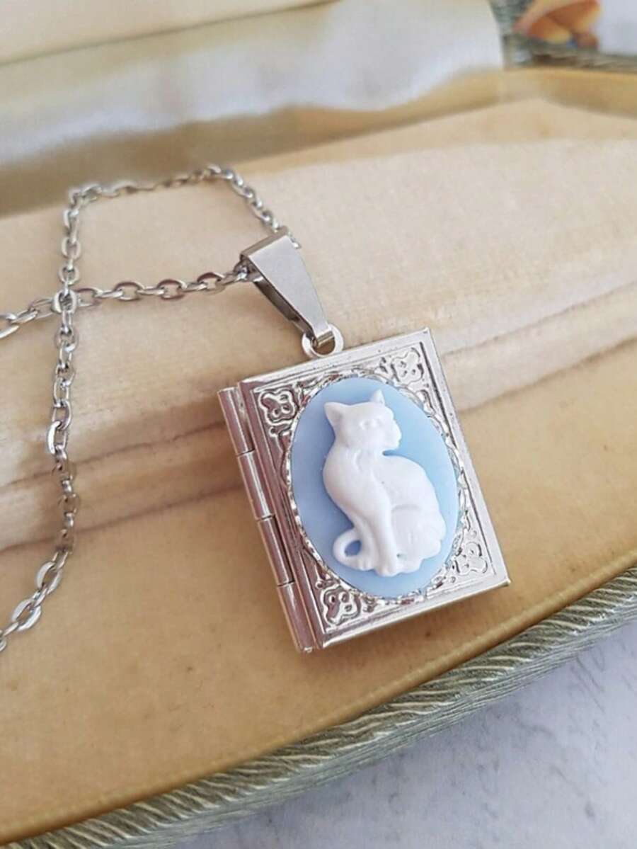 1 Pc Cat Cameo Book Lock Design Pendant Necklace Cat Souvenir Women Accessories - Vòng cổ mặt dây chuyền - Xem 1