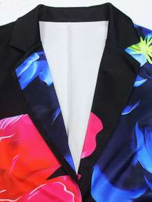 Spring Women's Blue Suit Long Sleeve Trousers Printed Two Pieces Suit Small Stand Collar Trousers With Pockets Suitable For Office Work