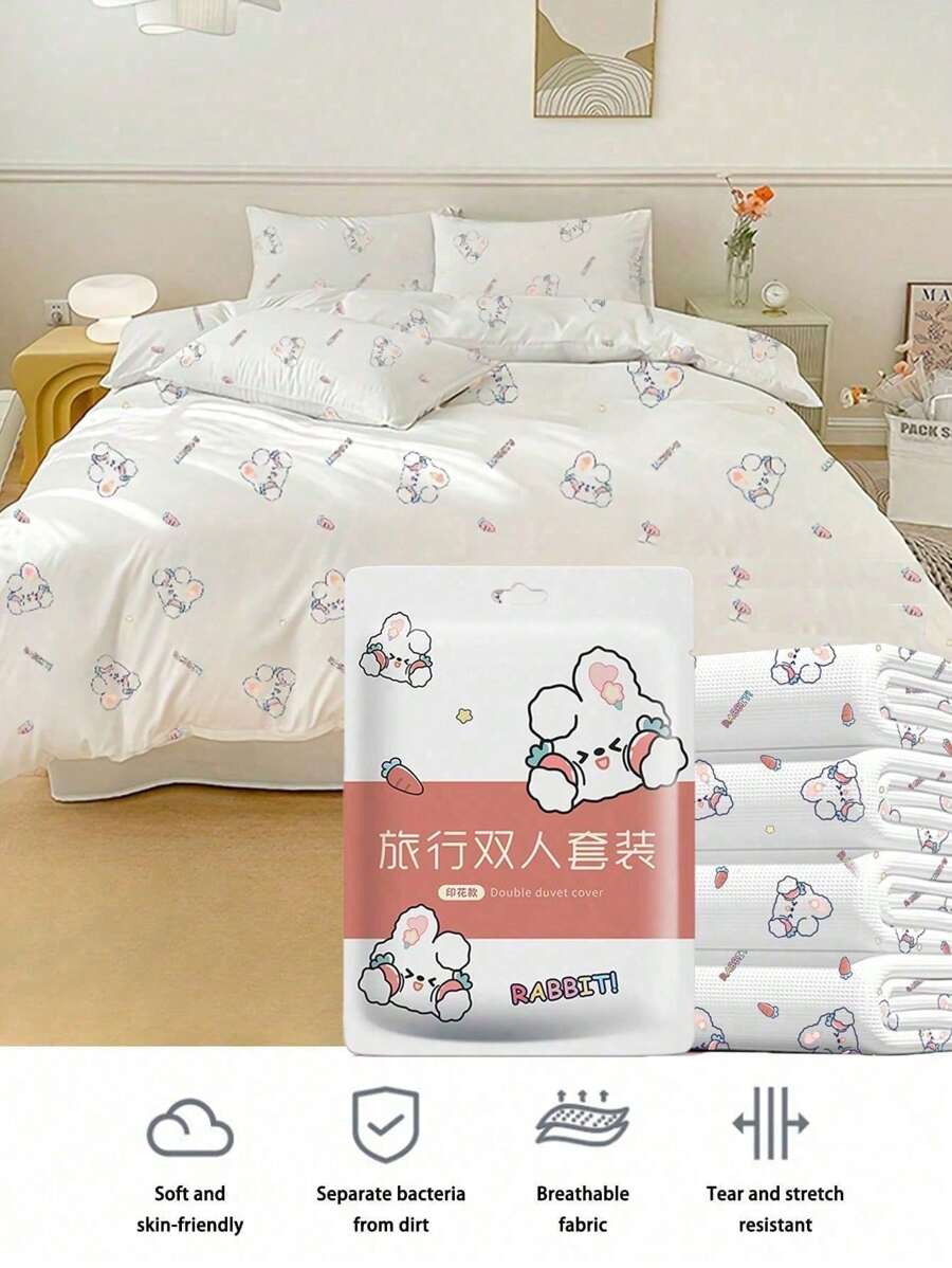 شنطه سفر اغراض سفر لوازم السفر اغراض السفر اشياء للسفر4 قطعة/مجموعة أرنب وردي مقيم في فندق، مجموعة أربعة قطع كبيرة واسعة للاستخدام مرة واحدة، مجموعة أربعة قطع ذات لون أبيض سادة، أغطية وسادات سرير للاستخدام مرة واحدة بدون غسيل، ضروريات سفر نظيفة وصحية، أغطية سرير ولحاف (نمط طباعة عشوائي)