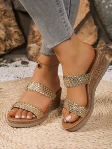 2026新款女士金色编织装饰坡跟凉鞋，度假风夏季绑带露趾厚底凉鞋，适合约会、购物、通勤、海滩等场合。 - 金色 - 查看 3