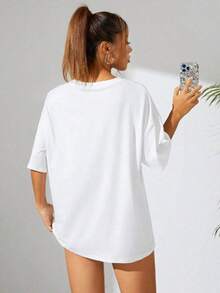 Camiseta de manga corta con cuello redondo y estampado de lazos para mujer, top deportivo informal - Blanco - Ver 2