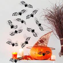 12Pcs Halloween Bat Wall Stickers – 3D Black Removable Vinyl Decals For Windows, Pumpkins, Candles, Party Decorations, Haunted House Wall Decor Home Decor Halloween Decor Fall Decor Room Decor