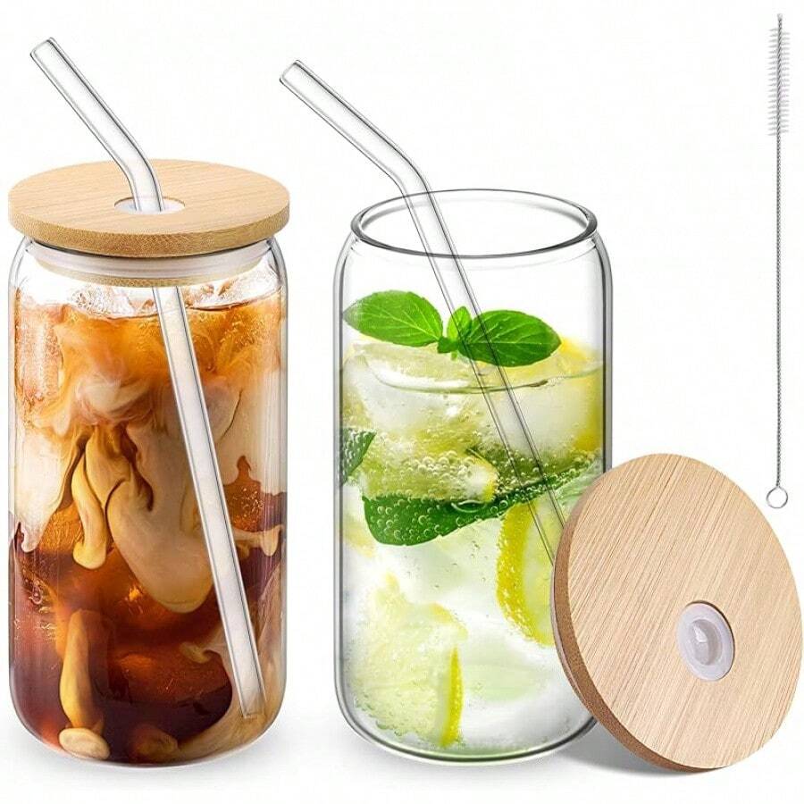 Glass Cups With Lid And Straw, 16oz Beer Glasses Glass Coffee Cups, Iced Coffee Cups With Lid, Glass Tumbler With Straw And Lid (2 PACK) - 2 Glasses + 2 Straws + 2 Lids - View 1