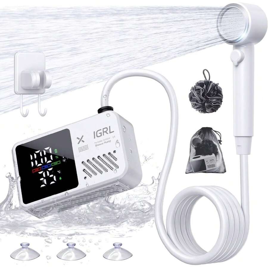 Portable Camping Shower Kit - Rechargeable Pump With Bath Sponge, One-Button Control, 10L/Min Flow, 4 Spray Modes,  IPX8 Waterproof, For Hiking, Travel, Car Washing, Pet, Watering Plants White - White - View 1