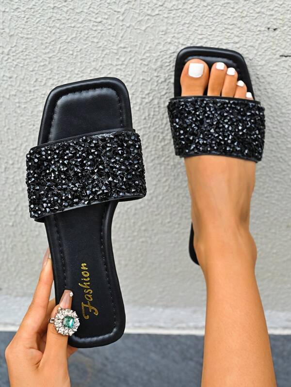 Pantuflas planas de moda con decoración de cristales para mujer