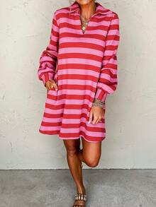 Women's Christmas Colorblock Striped Polo Collar V-Neck Lantern Sleeve Loose Fit A-Line Short Dress With Pockets, Casual Preppy Style, Comfortable Mid-Weight Fabric For Holiday Party, Date, Winter& Spring& Fall Daily Wear - 紅色 - 查看 1