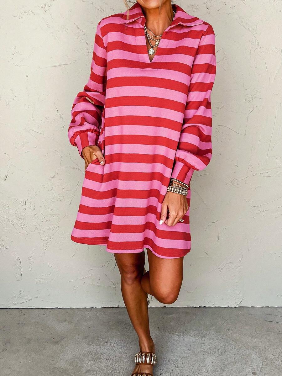 Women's Christmas Colorblock Striped Polo Collar V-Neck Lantern Sleeve Loose Fit A-Line Short Dress With Pockets, Casual Preppy Style, Comfortable Mid-Weight Fabric For Holiday Party, Date, Winter& Spring& Fall Daily Wear - 紅色 - 查看 1