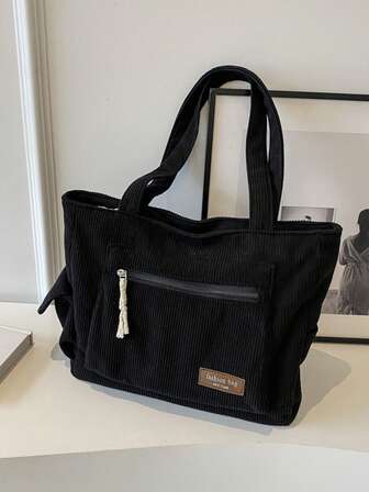 Simple Multi Pocket Large Capacity Tote Bag, Solid Color Shoulder Retro Large Size Corduroy Shoulder Bag For Autumn And Winter Commuting Work, Casual Satchel Handbag Fashion Hobo Shopping Bags For Women's Holiday Gift