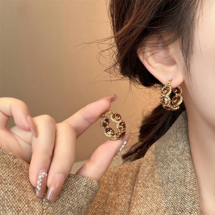 Brown Circle Elegant Luxury High-End Earrings For Women - 1 Pair - 查看 1