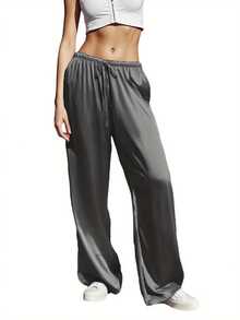 Women's Silk Wide Leg Pants Drawstring High Waist Solid Color Loose Pants Flowy Trousers - Black - View 6