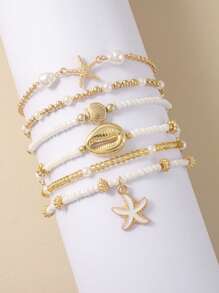 6/3 pièces Bracelet multicouche en perles pour l'été, ensemble de bracelets avec pendentifs étoile de mer et coquillage. Bijoux sexy de plage et de rendez-vous casual, cadeau pour femmes (nombre et ordre des perles aléatoires)