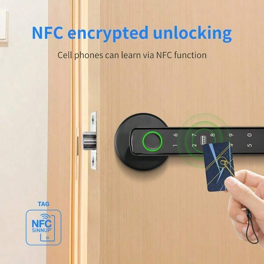 5-In-1 Smart Door Handle Lock With Fingerprint Access, Wireless App Control, Keyboard, 2 IC Cards And Keys - Aluminum Alloy, Battery Powered Smart Home Security, Home Door Lock