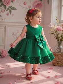 女婴纯色薄纱蝴蝶结下摆亮片蓬蓬裙派对公主裙，适合花童、婚礼、宴会等场合，不含头饰 - 墨綠色 - 查看 5