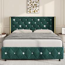 Bed Frame With Wingback Headboard, Upholstered Bed Frame With Diamond Headboard And Footboard, Velvet Modern Bed Frame, Easy Assembly, Purple/ Blue/ Pink/ White/ Black/ Green, Twin/ Full/ Queen/ King - 綠色 - 查看 11