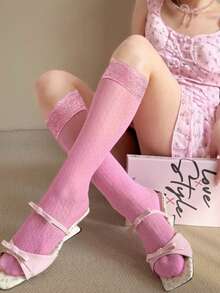 1 Pair Fashionable Girl Delicate Floral Jacquard Mid-Calf Socks With Lace Trim, Y2k, Cozy - Multicolor - View 5