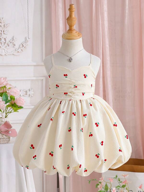 Baby Girl Cherry Print Spaghetti Strap A-Line Puff Dress, Suitable For Holiday & Outings, Spring/Summer