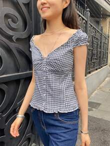 Women's Y2K Fairycore Shirt Top Vintage Cap Sleeve Button Down Ruffle T Shirts Tops Solid Color Slim Fit Frill Tees Summer Blouses Casual Going Out Tops Aesthetic Clothes Streetwear - 水鴨藍 - 查看 5