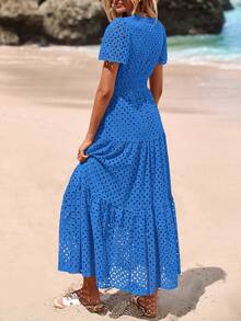 Women's Spring And Summer Maxi Dress Short Sleeve V Neck Hollow Out Eyelet A Line Long Flowy Wedding Guest Beach Vacation Blue Dresses For Women - 藍色 - 查看 2