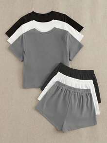 女士舒适睡衣三件套：短袖圆领上衣和宽松短裤 - 易于打理，抽绳设计，针织面料，适合春夏运动和户外活动，也适合夏夜休闲穿着，居家休闲服。 - 彩色 - 查看 2