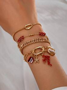 4 件套珊瑚贝壳海星手链套装，适合女士，夏季海滩手链度假风格珠宝链式手链 - A11684 - 查看 5