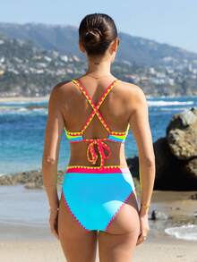 popvil 三角形贝壳边拼色沙滩中腰比基尼套装